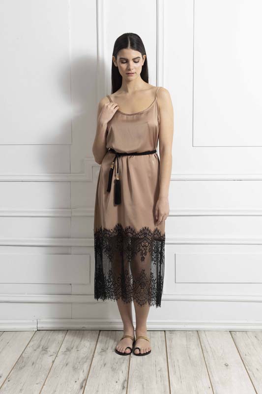 Γυναικείο φόρεμα Brown lace silk touch