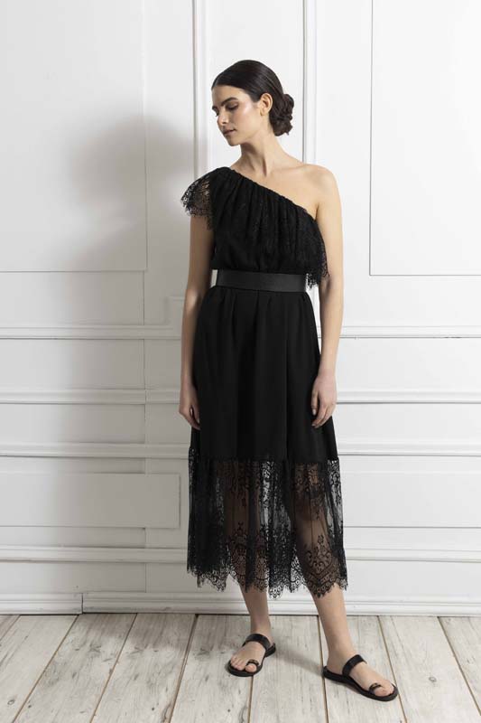 Γυναικείο φόρεμα One shoulder lace black viscoze