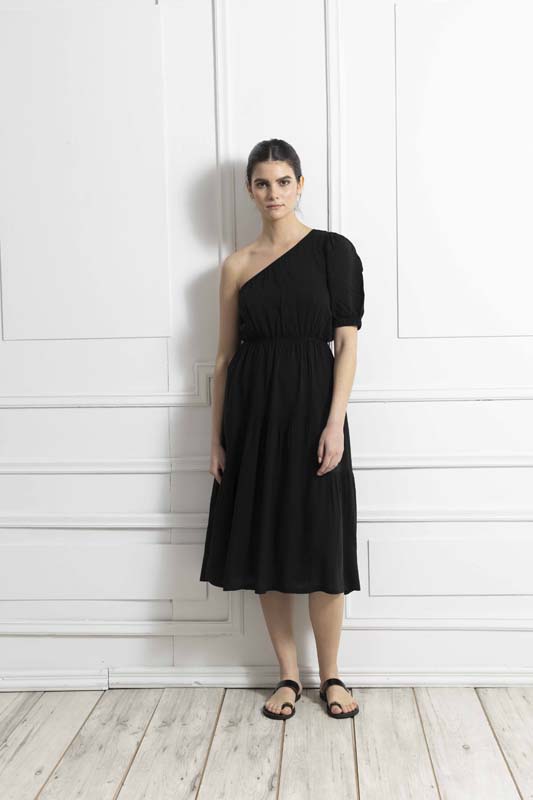 Γυναικείο φόρεμα One shoulder black viscoze