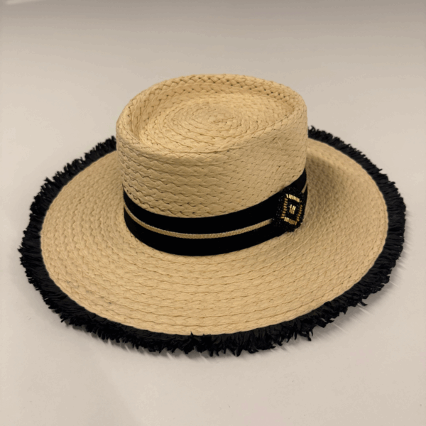 Paperstraw hat with black ribbon and gold embellishment